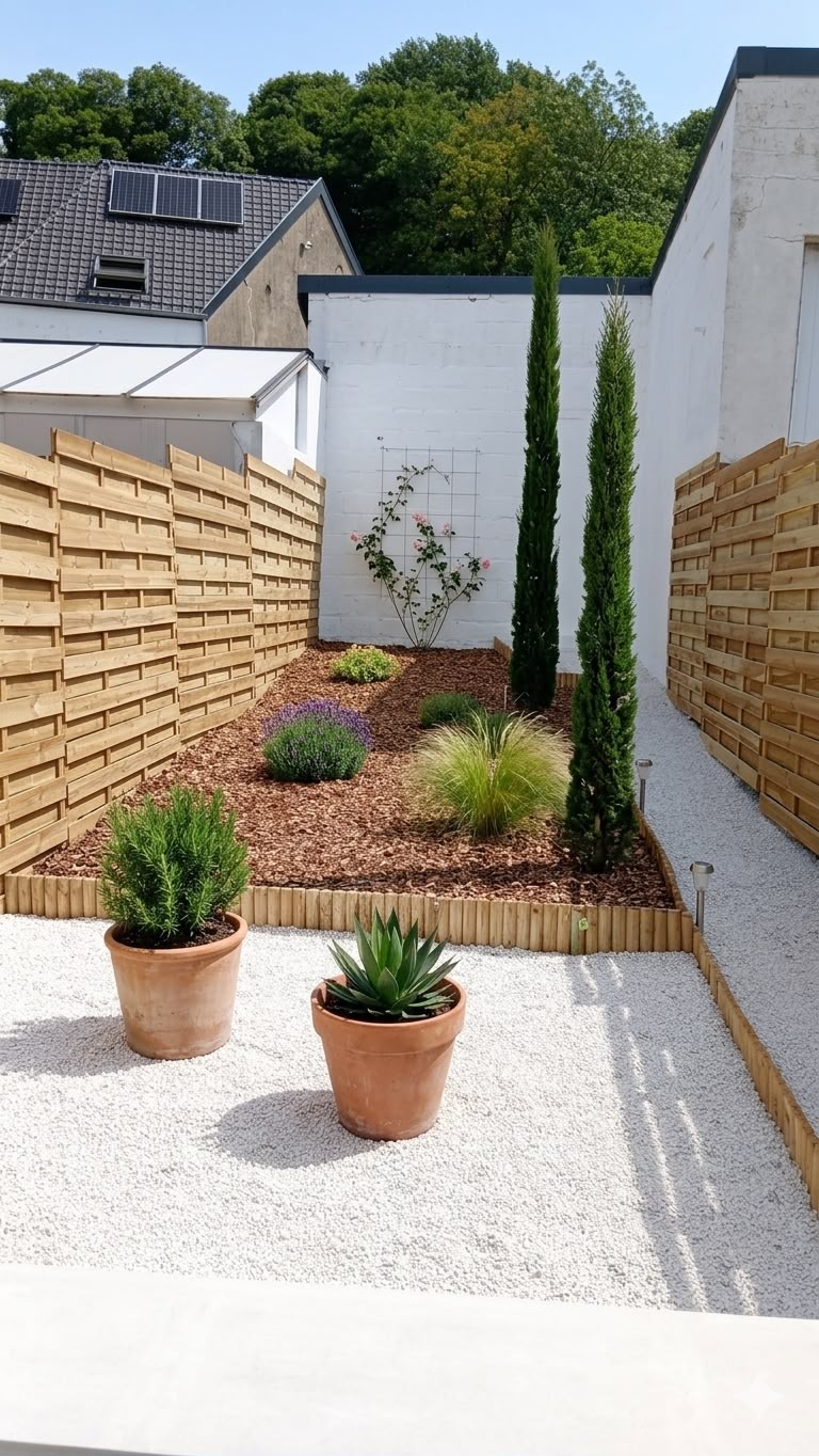 Afgewerkte tuinaanleg met wit grind, houtsnippers, cipressen en beplanting